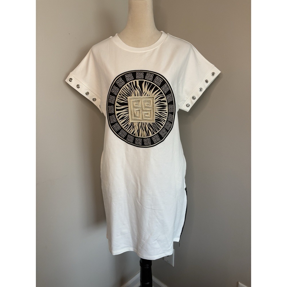 Gil Santucci NWT Shirt Dress Greek Key Meander Ivory Pockets Grommets Size Small